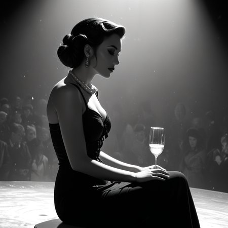 Film noir style nstylev2, Film noir style, ultra realistic, ultra defined textures, monochrome, dynamic posing, different faces, every generation, In the smoky haze of an intimate lounge, a mesmerizing woman reclines in a deep red velvet dress, the corset detailing hugging her hourglass figure. Her pearl necklace glistens under the dim golden light as she lazily swirls a glass of champagne. Her eyes, dark and knowing, lock onto her next conquest from beneath softly curled lashes. Silk gloves slide over the smooth bar top, and the air is thick with mystery, danger, and the promise of something unforgettable.<lora:Noir-Style_FilmPhotography_V1_-_Pony:0.8> . Monochrome, high contrast, dramatic shadows, 1940s style, mysterious, cinematic