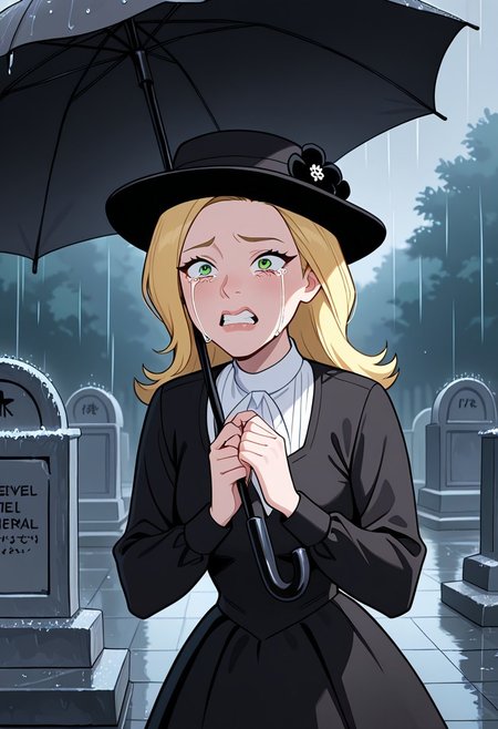 masterpiece, best quality, amazing quality, very aesthetic, absurdres, newest, ((screencap, parody, cartoon))
sandraten, blonde hair, 1girl, green eyes, lips,
expressive face, 
black dress, full dress, at funeral, female funeral hat, face net, hands together, crying, hand on tombstone, holding black umbrella, heavy rain, black flower on hat, female funeral clothes, tears