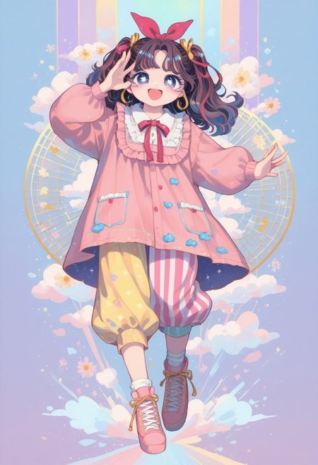 score_9, score_8_up, score_7_up,
masterpiece, best quality, detailed, amazing quality,
detailed background,
detailed eyes, clean eyes, 
dynamic pose, full body, happy,
solo, 1woman, woman,
easynegative, pastel colours, cute