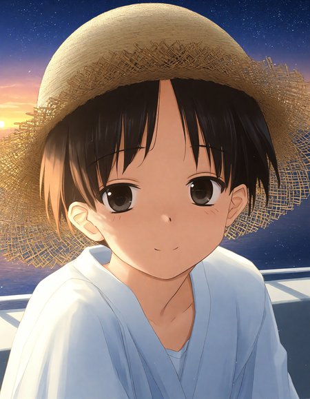 score_9, score_8_up, score_7_up, masterpiece, best quality, absurdres, official art, official style, (anime coloring, anime screencap, megami magazine, flat color:1.3), zPDXL2, zPDXLxxx,
<lora:Tsuina Style Pony_epoch_10:1.0>, tsuina_style
(cute face, beautiful face, detailed face, perfect face:1.3), 
dim lighting, light particles, dramatic lighting, bokeh, volumetric lighting, double exposure, 
rating_safe, sitting, outdoors, (portrait|upper body:1.3), hat, (from above:1.3)
, space, blurry, depth of field, looking at viewer, no humans, black eyes, smile, sunset, shadow, ghost