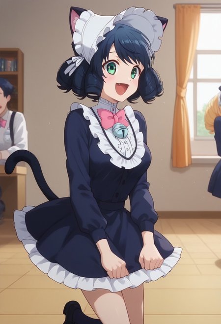 score_9, score_8_up, score_7_up, professional anime,1girl,solo,(Cyan from Show by rock!),perfect body,short girl,petite,<lora:show_by_rock_cyan:1>,1girl, short hair, black hair, green eyes, cat ears, cat tail, short dress, pink bowtie, long sleeves, bonnet, curly hair,medium breasts,happy,jumping
