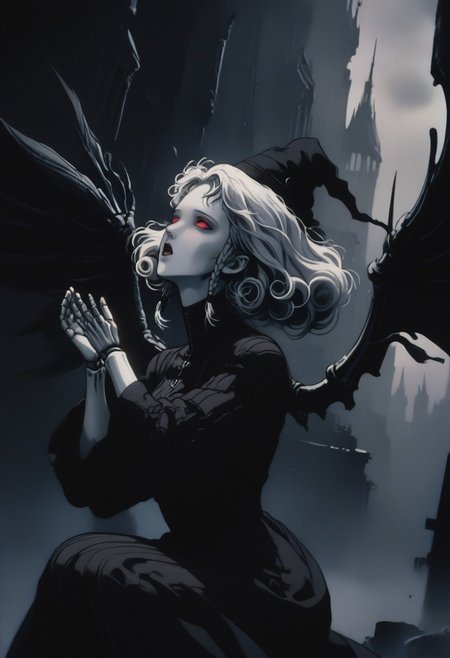 score_9, score_8_up, score_7_up, rating_questionable, D4rkR3troSc1f1, 1girl, agratsmtvv, curly hair, grey hair, twin braids, colored skin, grey skin, red eyes, pointy ears, witch hat, black dress, detached sleeves, black wings, doll joints, solo, kneeling, from side, looking up, (hands up, arms raised), head tilted, android body, exposed android joints, white hair, (mechaincal wings:1.2),open mouth, head tilted up, dark background, post-apocalyptic, cityscape