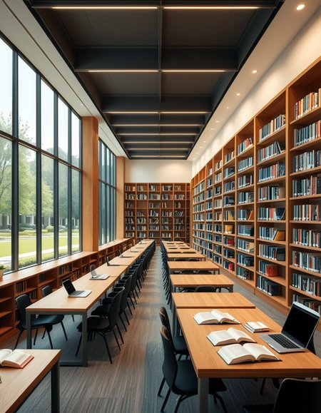 A high-resolution, ultra-realistic photograph of a modern college library interior. The scene showcases a spacious, open-plan design with large floor-to-ceiling windows allowing natural daylight to flood the space. The architectural style is contemporary, featuring minimalist furniture with clean lines: sleek wooden tables, ergonomic chairs in neutral tones (gray and beige), and built-in bookshelves made of light oak wood.
In the foreground, a group of diverse students (varied ethnicities and genders) are quietly studying, some using laptops, others reading books, with focused, calm expressions. One student is sipping coffee from a reusable cup.
The background displays rows of neatly organized books, indoor plants adding a touch of greenery, and modern pendant lights hanging from the ceiling, providing warm, ambient lighting. The floor is covered with soft gray carpet, and large abstract paintings decorate the walls, contributing to a cozy and intellectual atmosphere.
The overall mood is peaceful, studious, and inspiring, with balanced natural and artificial lighting, crisp details, and realistic textures, captured as if by a professional architectural photographer using a full-frame camera.
 <lora:SDXLFaeTastic2400:0.4> <lora:extremely_detailed:0.4> extremely detailed,<lora:modern_c0ll3g3_l1br4ry:1>,modern c0ll3g3 l1br4ry, Masterpiece,best quality,hi res,8k,hi res,8k,award winning,(sharp focus, intricate, highly detailed),
