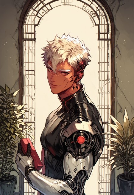 score_9, score_8_up, score_7_up, best quality, 1male, white eyebrows, white bonde hair, styled hair, short hair, white blonde hair, hair between eyes, red eyes, android, robot, robotic body parts, masuline, robotic neck, robotic arms, tan skin, black robotic parts, simple background, toned body, 
,
,
dynamic pose, character design, calm look, calm,
,
,
cowboy shot, standing, from side, modern house in the background, plants, large windows, holding a gift box, warm smile, love, pov, looking at the viewer, close up