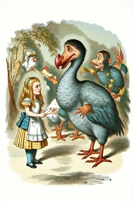 joten1 illustration.
A fantastical encounter between a young girl, Alice, and a giant, prehistoric-looking bird. Alice, wears a blue and white striped dress, a white apron, and white stockings. She is talking with a anthropomorphic Dodo bird. There are other birds and and a monkey behind them. <lora:joten1_cap_d6a3e12:1.0><lora:821754186061530021:0>