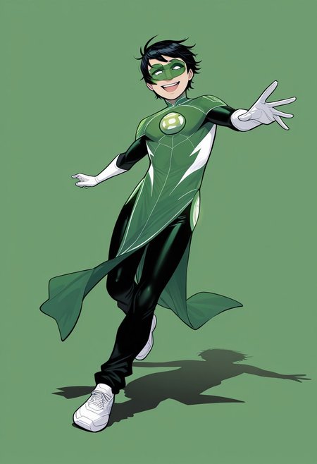 masterpiece, absurdres, high quality, perfect anatomy, 1boy, solo, cute boy, male focus, TaiPham, Black Hair, Green Lantern Ring, Green Lantern Costume, Green and Black Bodysuit, Green Domino Mask, White Eyes, White Gloves, Pelvic Curtain, Black Pants, White Shoes, big smile, cinematic, intricately detailed illustration, depth of field, masterpiece, best quality, amazing quality, very aesthetic, absurdres, newest, very awa,  shadow, dynamic angle, casual cosplay, dynamic pose, simple background, green theme