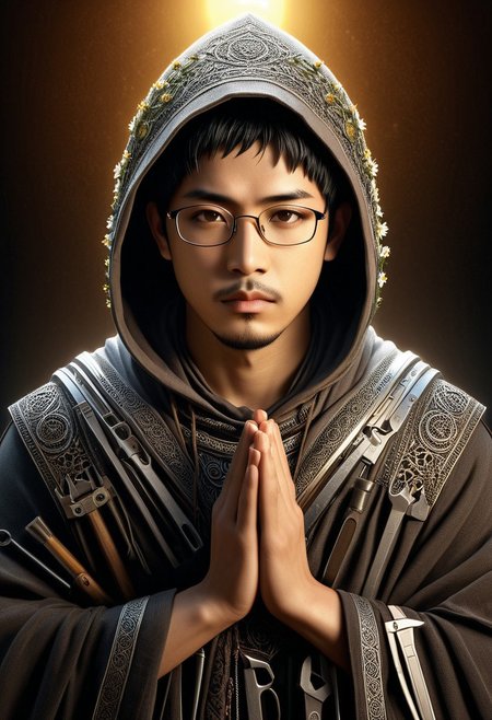 cinematic portrait, a man with hood praying statue made of tools, statue of ettaphyl(1boy, bara, asian, short hair, black hair, brown eyes, glasses, goatee), intricate carvings covered with flower, dim candlelight flickering across weathered features, hyper-detailed fabric folds, volumetric fog, gothic atmosphere, 8k resolution, unreal engine 5, photorealistic, dramatic chiaroscuro lighting, tools, made of tools