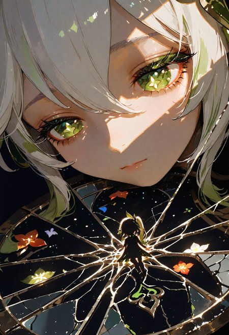 masterpiece, best quality, very awa, absurdres, detailed eyes, detailed face, detailed skin, flat colors, high detailed, high quality, masterpiece, best quality, BREAK,
(cute character:1.5), Surreal dream, close-up of a woman's face, light and shadow forming a dramatic silhouette, double exposure onto cracked glass plates with intricate details, hints of flowers visible within the cracks, 3DCGI anime fantasy artwork, high quality, high resolution, high accuracy, realism, Nahida_(Genshin_Impact), BREAK
 <lora:ponyv6_noobV1_2_adamW-000017:0.9> <lora:748cmSDXL:0.8> <lora:DetailedEyes_V3:1> <lora:FINALE:0.5> <lora:noobai_vpred_1_masterpieces_v1:1>
