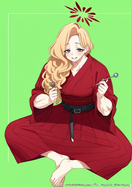 1girl,blue archive,official art,official style,
akemi \(blue archive\), blond hair, long hair, wavy hair, swept hair, muscular female, black eyes, , barefoot, blush, copyright name, cover, cover page, english text, full body, green background, holding, holding needle, japanese clothes, kimono, long sleeves, looking at viewer, needle, obi, pincushion, sash, sewing pin, sitting, smile, solo, wide sleeves, 
very awa, masterpiece, best quality, highres, absurdes,amazing quality,year 2024,newest <lora:akemi_blue_archive:1>