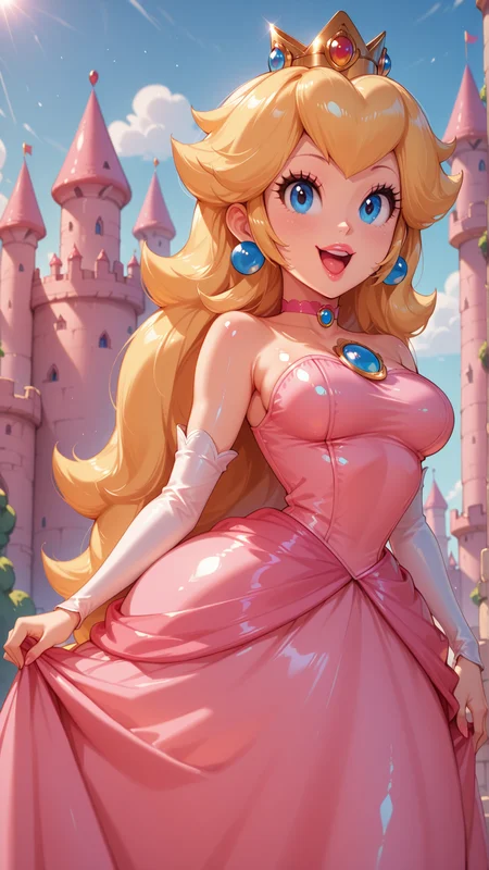 <lora:Princess_Peach_Shiny_Style_V3.0_Illustrious:0.7>,princess peach,1girl,solo,jewelry,earrings,long hair,breasts,very long hair,big hair,choker,dress,medium breasts,bare shoulders,:d,outdoors,smile,open mouth,shiny,shiny skin,castle,tongue,pose,upper teeth only,