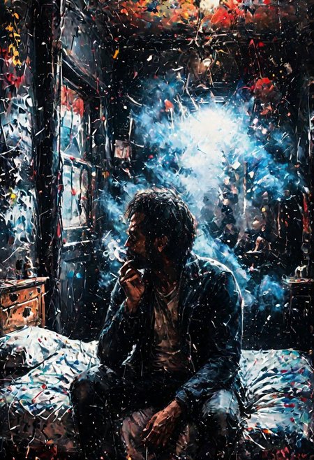 extreme realism, dark bedroom scene, man sitting on a bed, mist, horror, film grain, strong backlight, smoke background, high detail, realistic photography, movie style portrait, viginette, 8k quality, fair contrast