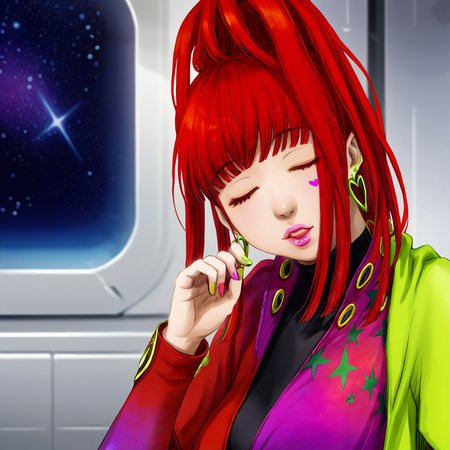 best quality, masterpiece, official artwork, (realistic:0.3), 1girl, solo, sq,  red hair, jewelry, earrings, purple eyes, lips, nail polish, makeup, long hair, ponytail, jacket, dress, spaceship room background, one finger point on face, flirty face, sleeping