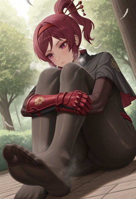 silvertsuki,  outdoors, undershirt, falling feathers, black bodysuit, hair stick, hugging own legs, , gauntlets,   eyeshadow,   red gloves,  high ponytail,  , black capelet, red hairband, pink eyes, 1girl, solo, feet, visible breath,   dynamic angle, foreshortening, smell, steam,