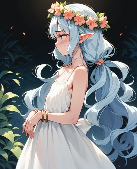 score_9, score_8_up, score_7_up, score_6_up, 1girl, solo, perfect hand, flat chest, (athletic:1.1), flower crown, very long hair, white_hair, light blue_eyes, low_twintails, curly_hair, bangs, pointy ears, bracelet, profile, embarrassed, standing