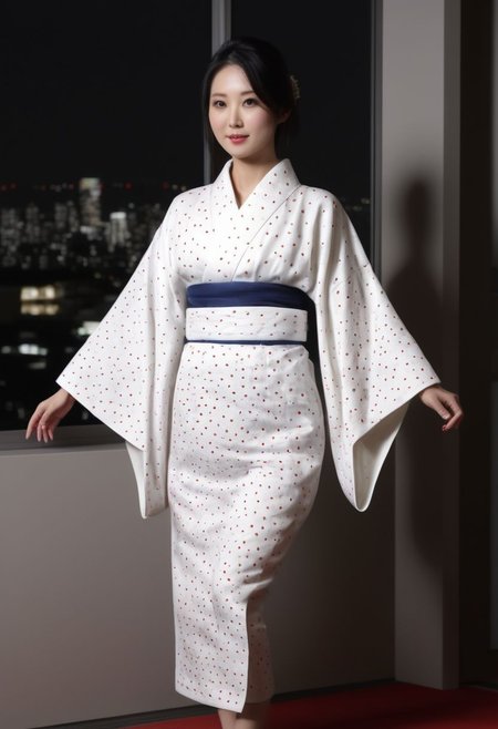 FOTOREALISTIC, night, long_straight black hair, sexy_beautiful japanese_lady, tall, white_japanese_kimono_with_big_round_red_filled_circles, apartment, background window_tokio at night,  score_9, score_8_up, score_7_up, score_6_up, score_5_up, score_4_up, UHD, 8K, masterpiece, ultra-realistic, Ultra detailed photorealistic background, photoreal, realistic high detailed beautiful face, anatomic correct bodies, ultra_high_resolution, Extremely Realistic, lots of detail, emty_hands, hands_hidden, sexy_red_boots.