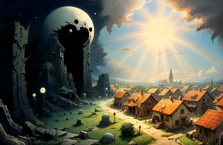 studio ghibli, infuriating puzzle,  darkest small necropolis night of the envy sitting hiding tiny dead wast (landscape:1.1), moon, eclipse, fog, BREAK lovely day of the happy living thriving busy (village:1.1) city, sun, god-rays, highly detailed, landscape, panorama, wide-angle, moody, atmospheric, masterpiece, high resolution, hdr, 8k, composition, shadows, clouds, (complex:1.2), (intricate:1.1),  <lora:- SDXL - vanta-black_contrast_V3.0:0.7>, <lora:- SDXL - otclillsn_impossible_geo_V1.0:0.7>, <lora:dfantasy:0.8>, <lora:The_Simplest:0.8>, <lora:DonMP41n717Bl4ckXL:0.4>, <lora:SDXL - Style - EldritchRomanceIllustration1.3.1:0.4>, <lora:artfullyECHELIER_SDXL_V1:0.4>