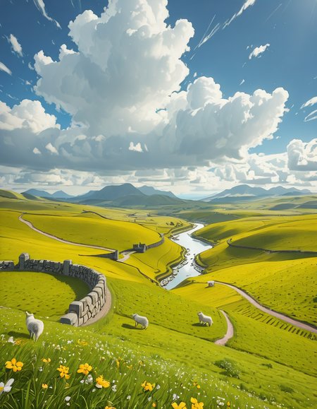 A breathtaking, high-resolution photograph of the rolling plains of Ireland, stretching endlessly under a vast, cloud-streaked sky. The landscape is a lush, vibrant green, with gentle hills covered in soft grass and dotted with scattered wildflowers. Ancient stone walls and winding dirt paths cut through the fields, marking old farmland boundaries. In the distance, a few solitary sheep graze peacefully, their white wool contrasting against the emerald grass. A small, clear river meanders through the valley, reflecting the soft light of the sky. The horizon is framed by low, misty mountains, adding depth and mystery to the scene. Above, the sky is a mix of bright blue and fluffy white clouds, casting dynamic shadows across the landscape as beams of sunlight break through. The atmosphere is serene, timeless, and rich with the natural beauty of the Irish countryside.
<lora:SDXLFaeTastic2400:0.4> <lora:extremely_detailed:0.4> extremely detailed,rolling plains of 1r3l4nd, <lora:rolling_plains_of_1r3l4nd-i:1>, Masterpiece,best quality,hi res,8k,hi res,8k,award winning,(sharp focus, intricate, highly detailed),