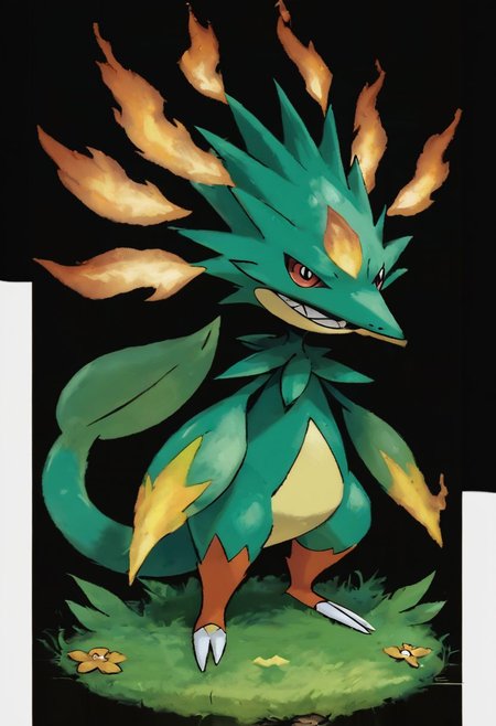 score_9, score_8_up, score_7_up,Create an image of a whimsical, cartoonish grass/fire-type creature. It should possess a dynamic and balanced profile composition, centered with ample negative space around it. The creature should have a verdant green body with fiery red-orange leaf-shaped accents, resembling flames, along its back and tail. Its tail should end in a flicker of yellow and red flame, implying movement as if it's ready to ignite at any moment. Its facial features should include wide, expressive eyes with flame-colored irises and a mischievous smile that reveals tiny, pointed white teeth. Small, leafy appendages should sprout from its cheeks, and its belly ought to be a lighter shade of green. The illustration should be rendered in a bold, cartoon style with clean lines of varying thickness, flat colors with simple shading to suggest a fiery vitality, and no texture to maintain a sleek, lively appearance. The background should be transparent for versatile application across various media. The overall impression should be playful yet fiery, capturing the essence of a character that could leap into the action of a game or animate the pages of a fantastical story .zPDXL, oil painting, traditional media, realistic,