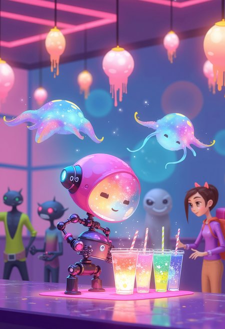 digital artwork in the style of ckgf, A tiny robot in a pastel-colored futuristic tea shop, skillfully preparing glowing, galaxy-colored bubble tea. The drinks shimmer with swirling colors, each pearl inside pulsing like tiny stars. Customersâquirky alien creatures, cyberpunk humans, and floating jellyfish-like beingsâeagerly wait for their orders under a ceiling of hanging neon lanterns. The shopâs soft pink and blue lights create a strong rim glow on the robotâs round, glassy body as it cheerfully serves up its magical drinks.