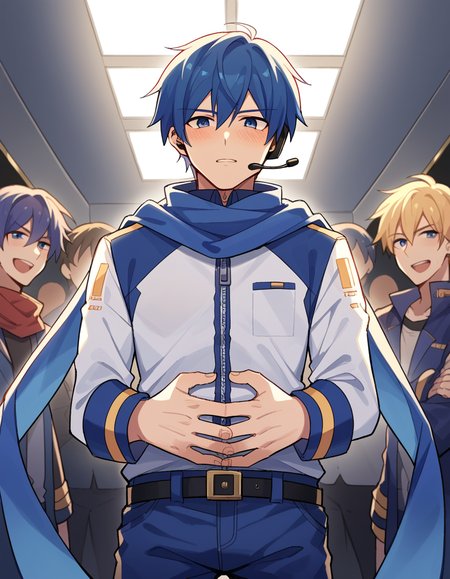 score_9, score_8_up, score_7_up, source_anime, <lora:vocaloid-kaito-ponyxl-lora-nochekaiser:1>, kaito, kaito (vocaloid), blue eyes, blue hair, male focus,, belt, blue pants, blue scarf, blue shirt, coat, headset, microphone, pants, scarf, see-through clothes, zipper, convention, crowd, booths, posters, event, , hands on stomach, blush,, looking at viewer, solo,, dutch angle, cowboy shot