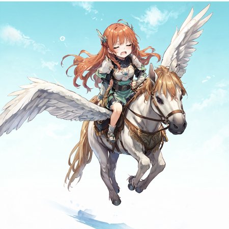 score_9,score_8_up,score_7_up,extreme detailed,full_body,zPDXL BREAK sky,flying,
<lora:Pony_DetailV2.0:1>,pegasus knight,horse,horseback riding,pegasus,<lora:pegasus knight:0.8>,long hair,shoulder armor,breastplate,yawning,closed eyes,wavy mouth,