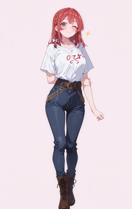 masterpiece,best quality,newest,absurdres,highres,
front view,full_shot,Wink,looking_at_viewer,
<lora:SakurasawaSumiCYQL:1>,SakurasawaSumiCYQL,1girl,solo,red hair,braid,single braid,hair bow,brown eyes,blush,(volume collar shirt:1.25), flare jeans, lace-up boots, fringe belt,
full body,standing,arm_grab,,
midnightblue background,simple background,
<lora:spo_sdxl_10ep_4k-data_lora_webui:0.5>,<lora:illustrious_all_rated_v1:0.6>,<lora:748cmSDXL:0.8>,748cmstyle,<lora:DarkerThanBlackIllustrious:0.5>,<lora:EtherSDXL:0.5>,EtherStyle,,