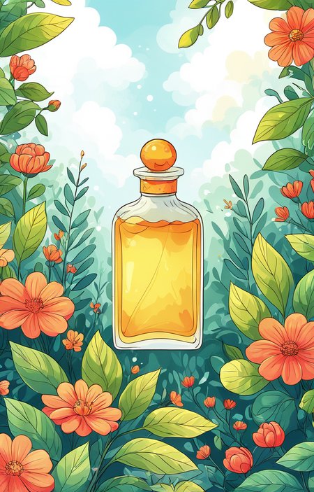 masterpiece,best quality,<lora:tbh43-sdxl:0.9>,illustration, A bottle of perfume in garden