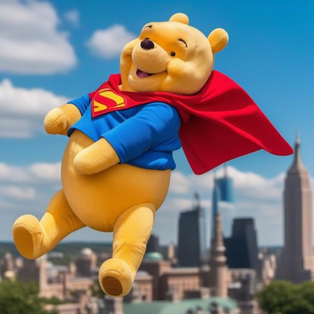 cinematic photo a liveaction fat winnie the pooh  wears a superman outfit, fly through the air over a city<lora:Winnie1024:0.8> . 35mm photograph, film, bokeh, professional, 4k, highly detailed