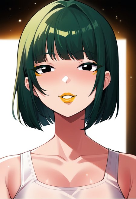 score_9, score_8_up, score_7_up, score_6_up, solo RAW photo, Bo Wei Style, source_anime, lineart, volumetric lighting, natural, close up shot, bokeh, (Masterpiece, Best Quality, Highres:1.2), best quality, absurdres, Cinematic Lighting,
BREAK 
<('1girl': ('young'+'green hair'+'carefree'+'bob cut'+'bangs'+'white tank top'+'eyeliner'+black eyes+'orange lipstick'),
((korean))))>,