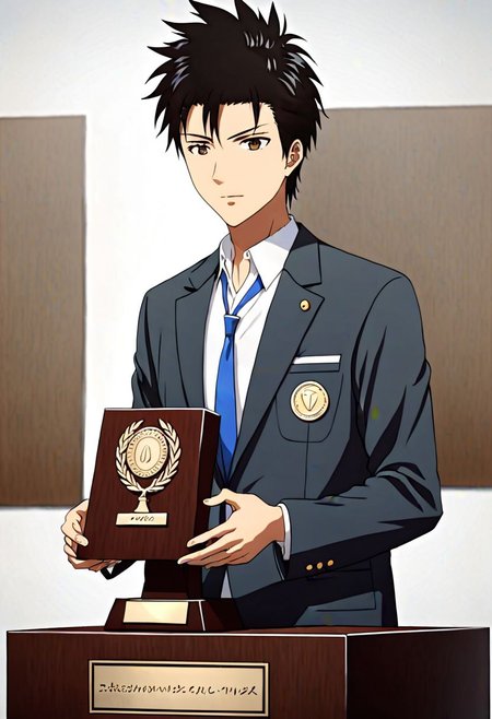 Highres, Masterpiece, High Quality, 4K, 8K, solo, 1Boy, Soujirou Agata, brown eyes, black hair, smart, 1st place, podium, winner, game, competition, easynegative, detailed_eye_model