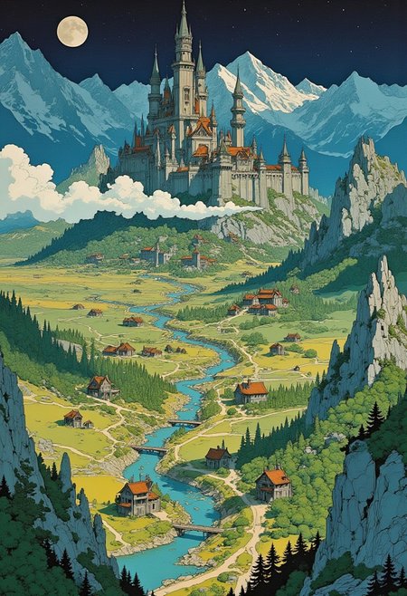detailed epic fantasy map showcasing a sprawling, mythical landscape filled with diverse terrains. The map features towering mountains with snow-capped peaks, lush forests teeming with vibrant flora, expansive plains dotted with ancient ruins, and winding rivers that glisten under a bright sun. A bustling medieval town is depicted with cobblestone streets and market stalls, while a dark, foreboding forest lies to the north, hinting at hidden dangers. At the center, a massive castle with intricate architecture towers over the surrounding lands. Include labeled locations like enchanted springs, dragon lairs, and legendary battlefields, all rendered in a richly textured, hand-drawn style. The table top view provides a clear, strategic layout ideal for tabletop RPGs, inviting players to explore the intricacies of this captivating world. silver light shafts, moonlight, dark background, portrait, cool color palette, s1_dram, ncpy13 style, pastels drawing. cyberpunk
