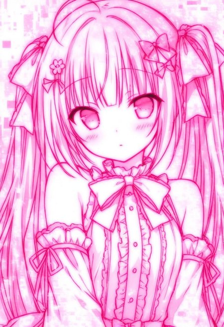 GLTST, Glitch, , 1girl, solo, twintails, pink theme, long hair, hair ornament, monochrome, bow, ribbon, looking at viewer, detached sleeves, ahoge, bangs, hair ribbon, upper body, frills, hair bow, bare shoulders, blush