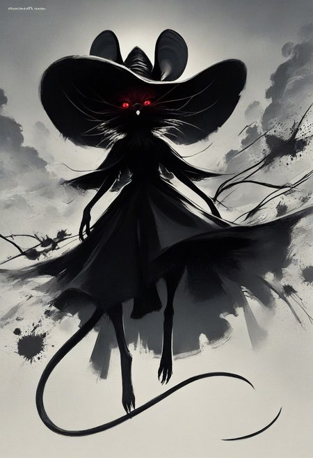 score_9, score_8_up, score_8, solo, (fluffy:0.8), (feral), furry, (((mouse))), female, claws, (fluffy cheeks:0.7), (black dress), grey fur, black ears, red eyes, look at viewer, (solo:2), j_cartoon, low angle view, aesthetic, dramatic angle, unique perspective, unique angle, night, dark, forest, (witch hat), staff, (cruel expression), mad-stncl, monochromemuse, monochrome, greyscale, ink splatter