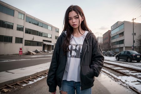 masterpiece, absurdres, high quality, realistic, muddy colors, vintage photograph,
1girl, homeless, long hair, ripped clothing, white oversized hoodie, black pants, outdoors,
abandoned city, crumbling buildings, broken glass, broken doors, car parts, broken vehicles, natural disaster, mud,
20 megapixel, detailed, movie grain