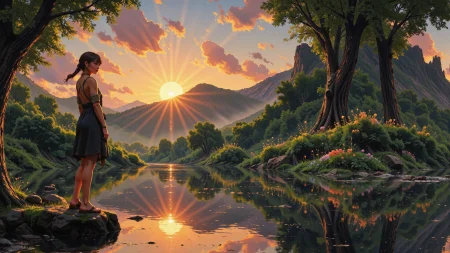 braided hairstyle dark brown hair young woman, druid, anime, illustration, extremely detailed, portrait, standing, happy smile, flower in hair, glossy lipstick, celtic necklace, medallion earrings, loincloth, sandals,  Clay druid short dress, legs, sharp focus, fantasy, celtic landscape, small rock, moss, ripples, reflections, celtic  castle, small river pond, druid forest, druid village, stunning nature environment, enchanted land, clovers, Bright Steel Gray flowers, best quality, colorful, wet floor, bright sunny sky, sunset, raytracing, hdr, high contrast, ethereal natural lights, backlight, lens flare, shadows, vibrant colors, colorful, pretty, beautiful, happy, smiling, feminine, sexy, lovely, in love, adorable, fashion,  <lora:Hand v2:1> <lora:Anti-Blur:1><lora:Insane Detail Slider:0.5>  <lora:flux.1_lora_flyway_Epic-detail_v2:0.3><lora:fluxenhancer:0.5> <lora:RetroAnimeFluxV1:0.4> <lora:Luminous_Shadowscape:0.4> <lora:SujatmikoArafuru_Flux:0.2> Suzume style