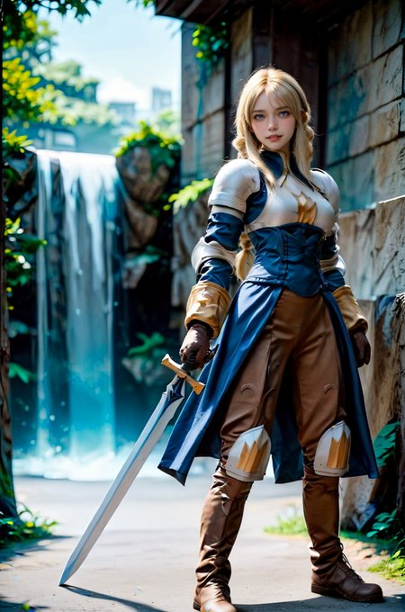 rating_safe,score_9, score_8_up, score_7_up, score_6_up, photo realistic
,photo,ultra-detailed blonde hair, many detailed tangle hair streak,airly hair
,bare breasts,nose blush,fullbody
,<lora:agrias-pdxl-nvwls-v1:1>agrias, blonde hair, braided ponytail,shoulder armor, armor, corset, brown pants, brown gloves, knee pads, boots
,ready a sword
,detailed waterfall and stream background
,100-400mm lens,  best composition, 
,(slim,slender,lanky,Tall and long legs,short torso,leggy:1.2)
 <lora:Pony_DetailV2.0:5>