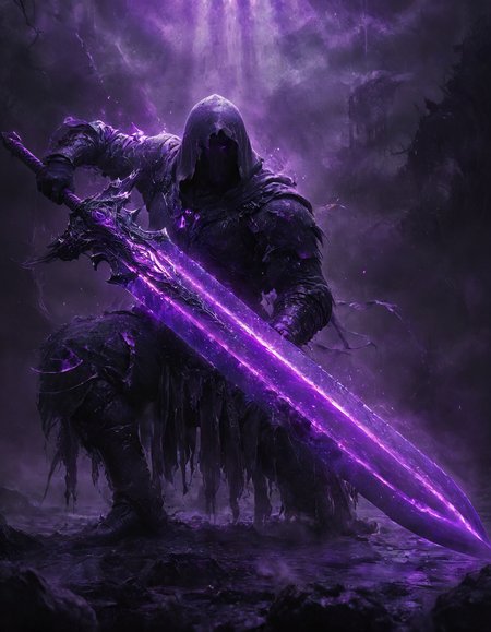 concept art A hooded figure in dark intricate armor and tattered robes, standing in a desolate landscape with mist swirling around. The figure is holding a glowing neon purple gigantic sword, channeling a powerful magical force, highly detailed, <lora:add-detail-xl:1>, <lora:glowneon_xl_v1:0.5>, <lora:Into_Darkness:1>, <lora:zavy-cntrst-sdxl:1>, <lora:- SDXL - vanta-black_contrast_V3.0:0.7>, <lora:SDXLFaeTastic2400:0.5> . digital artwork, illustrative, painterly, matte painting, highly detailed