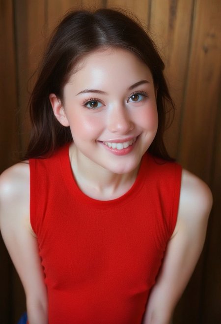 score_9, score_8_up, score_7_up, wide shot, high quality, best quality, photorealistic, sunny, gorgeous shot BREAK 18 year old, 
brunette, cute, big eyes, soft jaw, cute smile, small mouth, plump lips, very plump lips, very small mouth,small nose, neoteny, smiling, european, 
th1ntt0png, red tank top2.1, 
fresh skin, goosebump skin, pale skin, 7-cgifaces, skinny, petite, detailed eyes, skinny, flat chested, very widset eyes, very small mouth, very plump lips,
