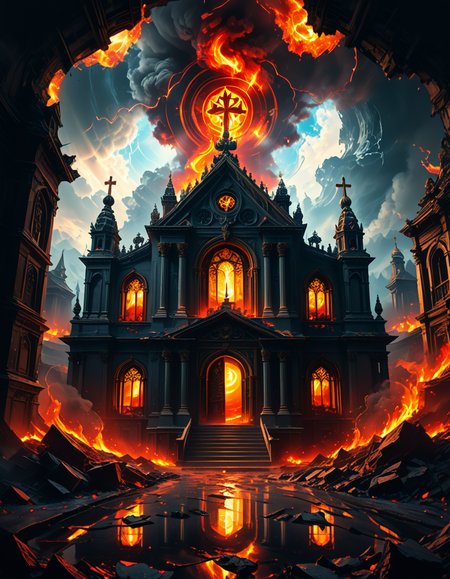 A once-majestic celestial temple, now under siege by the forces of Hell. The grand white stone structure is cracked and scorched, its golden crosses twisted and broken. The stained-glass windows, once glowing with warm divine light, are now shattered, with demonic symbols glowing ominously in their place. The sky, once a serene blue, is now consumed by dark storm clouds, swirling with red lightning and thick smoke.
Black, jagged chains extend from the sky, wrapping around the temple as if trying to pull it down into the abyss. The once-fluffy clouds beneath the structure are now a chaotic mix of fire, ash, and dark mist, with glimpses of molten lava cracks below. Infernal creatures with glowing red eyes lurk in the shadows, their silhouettes barely visible through the smoke and fire.
The temple doors are blown open, revealing an eerie red glow emanating from within, as if Hell itself is consuming the sacred space. Massive demonic runes are etched into the stone, pulsating with an unholy energy. The entire scene is bathed in a deep crimson and orange glow, giving it an apocalyptic and nightmarish atmosphere.
Style & Lighting:
- Dark fantasy, highly detailed
- Dramatic, high-contrast lighting with fiery glows
- Cinematic composition, epic scale
- Strong use of shadows, embers, and atmospheric foghighly detailed and atmospheric view from inside a massive birdcage, large enough for a human to stand inside. The cage is made of ornate, aged metal bars with intricate Victorian-style patterns, curving elegantly towards the domed ceiling. Sunlight filters through the gaps between the bars, casting long, dramatic shadows on the wooden floor. Delicate vines and small flowers have begun to grow around the bars, adding a touch of nature reclaiming the space. The background beyond the cage is blurred, hinting at a lush garden or a mysterious, abandoned mansion. The ambiance is serene yet slightly melancholic, with warm golden light illuminating dust particles floating in the air. Soft feathers are scattered on the floor, adding to the sense of quiet abandonment. The perspective makes the viewer feel as if they are inside the cage, looking outward, surrounded by both beauty and confinement. The style is highly detailed and realistic, with a cinematic and slightly surreal atmosphere.
<lora:SDXLFaeTastic2400:0.4> <lora:extremely_detailed:0.4> extremely detailed,evil celestial t3mpl3, <lora:evil_celestial_t3mpl3-p:1>, Masterpiece,best quality,hi res,8k,hi res,8k,award winning,(sharp focus, intricate, highly detailed),