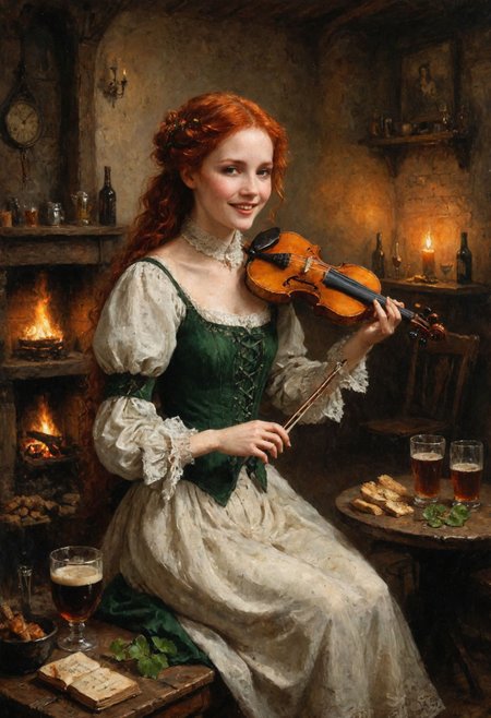 An digital illustration drawing masterpiece with intricate details and the best quality art by, (petrus van schendel) (hans larwin) and (dorian cleavenger), (luis royo) a attractive alluring beautiful irish peasants woman with auburn red hair, delicate face with small (freckles), (smiling) mouth wide open wearing traditional irish dress sitting in irish pub by the cozy fireplace (playing violin)  guinness beer on the table <lora:add_detail:0.8>  <lora:ClassipeintXL1.9:0.5>   <lora:aesthetic:0.8>  <lora:LaxpeintXL-2.0:0.5> <lora:Desolation:0.5>