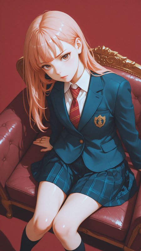 female,watercolor \(medium\):1.3, watercolor effect:1.3, <lora:add-detail-xl:1>,
best quality,
long hair, ginger hair, choppy bangs, brown eyes, hair covering eyebrows, hair behind ear, detailed eyes, dark pink lips, shiny skin, loose hair strands, school uniform, collared shirt, white shirt, plaid skirt, dark blue skirt, red necktie, striped necktie, gold stripes, navy blue blazer, school crest. gold buttons, wearing rings, bare thighs, long socks, knee socks, black socks,
sitting, vintage couch, arm support, deep red background, serious expression, high angle, soft lighting, detailed textures, focused background, rule of thirds, shadows, portrait orientation, medium depth of field,
looking at viewer