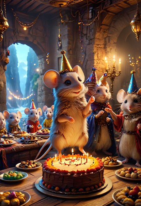 (((masterpiece))),(((best quality))),highres, 32k, a fantasy small mouse celebrates a birthday party with her friends <lora:More_interesting_backgrounds:1> IBG, introcated, breathtaking scenery, epic composition, highiest texture resolution, vivid colors, sharp focus, hyperrealistic, photorealistic, cinematic effect and lighting <lora:add_details_xl:1> <lora:add-detail-xl:1> <lora:zhibi:1> zhibi