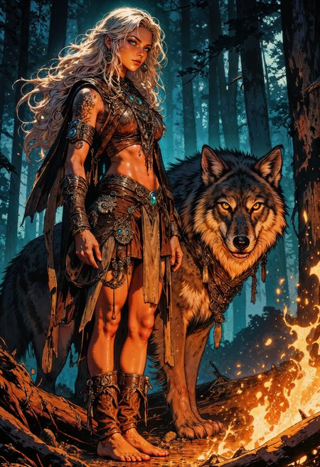 A fierce tribal huntress standing beside a massive, majestic wolf in a dense twilight forest. The woman has long, flowing blonde hair adorned with intricate beads and feathers, piercing blue eyes, and tribal tattoos decorating her toned arms. She wears an earthy-toned outfit crafted from leather and feathers, embellished with turquoise beads and natural elements. Her bare feet rest on the forest floor near a crackling campfire, casting warm orange glows on her skin. The wolf, with glowing amber eyes and thick fur, stands protectively beside her, exuding strength and loyalty. The forest is dimly lit, with floating embers and distant shafts of golden light filtering through the trees, adding an ethereal, mystical atmosphere. Ultra-realistic, highly detailed, fantasy art style, cinematic lighting, dynamic composition. <lora:RetroAnimeFluxV1:0.6> <lora:Comic book V2:0.6> <lora:FluxMythG0thicL1nes:0.6>  <lora:Elden_Ring_-_Yoshitaka_Amano:0.6>
