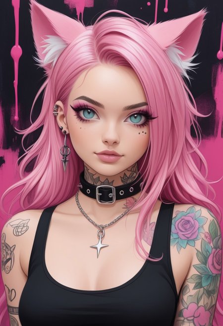 score_9, score_8_up, score_7_up, score_6_up pink hair, cat ears, pink collar, piercings, white crop top tattoos, sexy punk, long hair, colourful background
imbasketchstyle, sketch, paint , masterpiece, hyperrealistic, ultra detailed,
cute style,