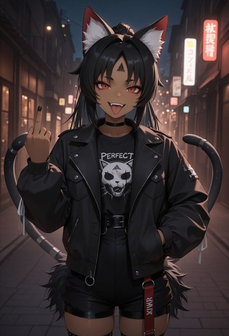 masterpiece,best quality,absurdres,highres,very aesthetic,high quality,detailed,insanely detailed,beautiful,perfect lighting, looking at viewer,
 <lora:Nekomiya v2 illu:1> 1girl, dark-skinned female, long hair, black hair, red eyes, facial mark, animal ears, animal ear fluff, cat girl, multiple cat tail, two tails, ponytail, ((punk outfit,)), smile, open jacket, hand on pocket, goth eyeliner, open mouth, full teeth, middle finger, tongue out, black nails, looking at viewer, outdoor, street, night, punk expression,