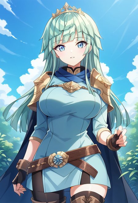 score_9, score_8_up, score_7_up, masterpiece, high quality, cowboy shot, 1girl, solo, front view, looking at viewer, outdoors, sky, 
tiara, cape, shoulder armor, blue tunic, long sleeves, cuffs, blue scarf, fingerless gloves, belt, pants, thigh boots,
selenadw, blue eyes, mint hair, long hair, blunt bangs, blunt ends, kishimen hair, large breasts