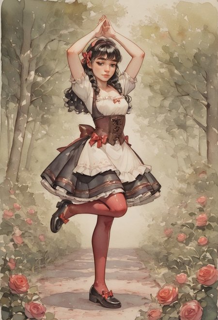 ( watercolor):2, (pastel colors), high detail, (lineless:1.2), (realistic), detailed, depth of field, dynamic lighting, masterpiece, detailed_eyes, high_quality, best_quality, highres, (muted colors), pencil lines, 
in the garden, among blooming roses, day,
woman in a dance pose, frontal, claps his hands together, leg extended, toe pointed,  frozen before the start of the dance,
black hair tied in a bun, strands in ringlets, (high comb in hair), proud, thin nose, black eyes, shadows under the eyes, thick eyebrows, narrow face, stern look, haughty, adult,
white shirt with a square neckline, shirt decorated with tassels, burgundy corset with embroidery, tightly pulled in at the waist, fluffy multi-layered skirt, (skirt below the knee), red tights, (black shoes with red bows and bells), gold buckles on shoes,square white apron,