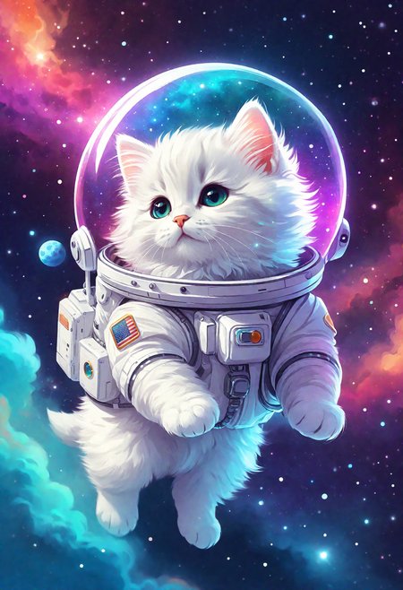 Art style of Apofiss, concept art, a cute translucent fluffy soft astronaut kitten glowing from within floating in space, colorful background