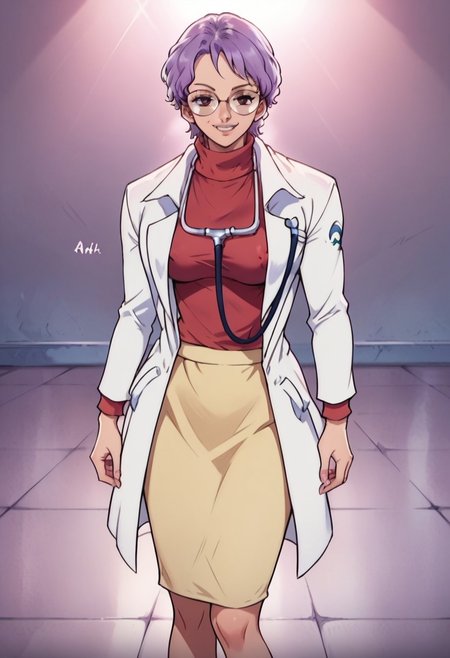 KobatoOP, 1girl, solo, purple hair, short hair, black eyes, lips, round glasses, large breast, white doctor coat, red jumper, light yellow skirt, grey shoes, knee-length skirt, lab coat, turtleneck, stethoscope,
seductive pose, sexy pose, tease,  in the spotlight,,
smile,
score_9, score_8_up, score_7_up, beautiful aesthetic, very intricate, high quality details,vibrant, highly detailed, award-winning, professional,anime artwork, anime style, studio anime, athletic, curvy body, athletic girl, perky tits,large breast,perfect tits, round breasts, nipple outline,looking at viewer, pinup pose,teasing, dynamic lighting, cinematic, smug, better than you, aura of temptation, highly detailed, high resolution, masterpiece, detailed clother, detailed background, highly detailed, ((sound effects)) comic layout,