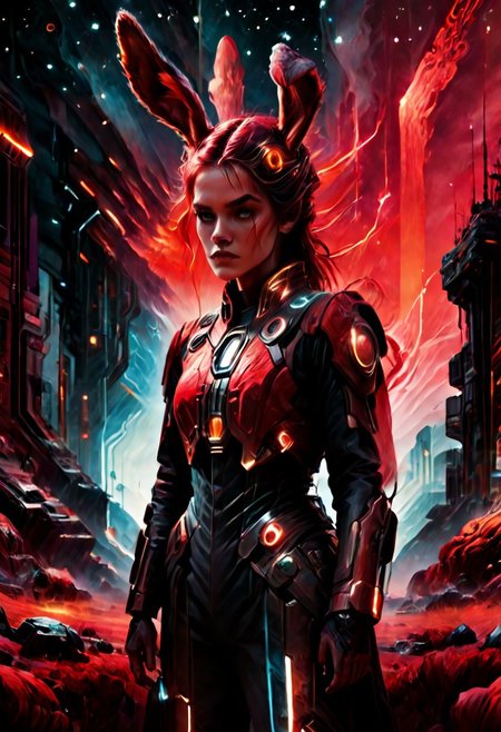 score_9, score_8_up, score_7_up, rabbits dressed as Tron Movie, light cycles, stance, feral, red glowing tattoo, raised head, rimlighting, fur, ultra-detailed, starry, maximalist, 3DMM, citronLegacy, scifi,